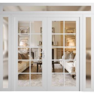 Front Exterior Prehung Metal-Plastic Double Doors Clear Glass / MANUX 8100 White Silk / Office Commercial and Residential Doors Entrance Patio Garage 100" x 92" Left-Hand Inswing