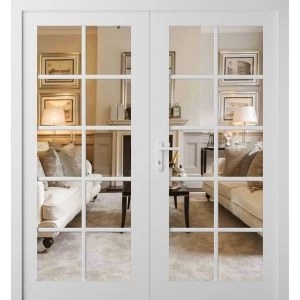 Front Exterior Prehung Metal-Plastic Double Doors Clear Glass / MANUX 8100 White Silk / Office Commercial and Residential Doors Entrance Patio Garage 72" x 80" Right-Hand Inswing