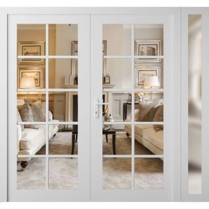 Front Exterior Prehung Metal-Plastic Double Doors Clear Glass / MANUX 8100 White Silk / Office Commercial and Residential Doors Entrance Patio Garage 84" x 80" Right-Hand Inswing