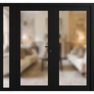 Front Exterior Prehung Metal-Plastic Double Doors Frosted Glass / MANUX 8102 Matte Black / Office Commercial and Residential Doors Entrance Patio Garage 88" x 80" Left-Hand Inswing