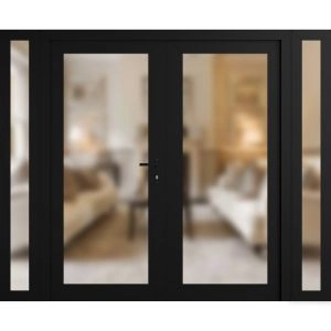 Front Exterior Prehung Metal-Plastic Double Doors Frosted Glass / MANUX 8102 Matte Black / Office Commercial and Residential Doors Entrance Patio Garage 96" x 80" Left-Hand Inswing