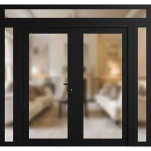 Front Exterior Prehung Metal-Plastic Double Doors Frosted Glass / MANUX 8102 Matte Black / Office Commercial and Residential Doors Entrance Patio Garage 96" x 96" Left-Hand Inswing