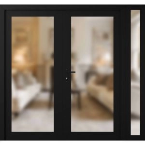 Front Exterior Prehung Metal-Plastic Double Doors Frosted Glass / MANUX 8102 Matte Black / Office Commercial and Residential Doors Entrance Patio Garage 84" x 80" Right-Hand Inswing