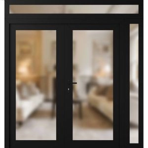 Front Exterior Prehung Metal-Plastic Double Doors Frosted Glass / MANUX 8102 Matte Black / Office Commercial and Residential Doors Entrance Patio Garage 84" x 92" Right-Hand Inswing