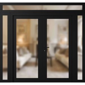 Front Exterior Prehung Metal-Plastic Double Doors Frosted Glass / MANUX 8102 Matte Black / Office Commercial and Residential Doors Entrance Patio Garage 100" x 94" Right-Hand Inswing