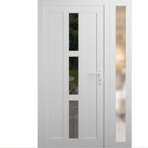 Front Exterior Prehung Metal-Plastic Door | Manux 8112 White Silk | Side Sidelite Transom | Office Commercial and Residential Doors Entrance Patio Garage 50" x 80" (W36+14" x H80") Left hand Inswing