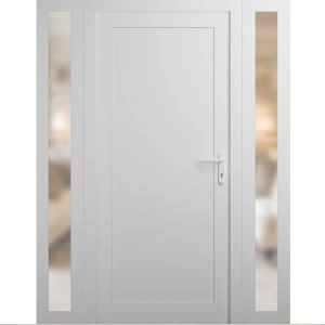 Front Exterior Prehung Metal-Plastic Door | Manux 8111 White Silk | 2 Side Sidelite Transoms | Office Commercial and Residential Doors Entrance Patio Garage 60" x 80" (W12+36+12" x H80") Left hand Inswing