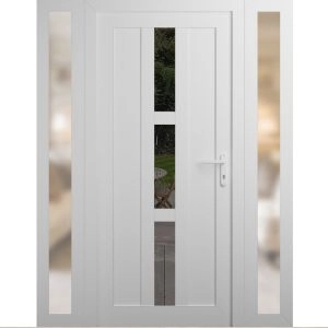 Front Exterior Prehung Metal-Plastic Door | Manux 8112 White Silk | 2 Side Sidelite Transoms | Office Commercial and Residential Doors Entrance Patio Garage 60" x 80" (W12+36+12" x H80") Left hand Inswing