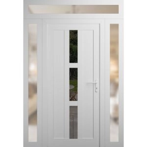 Front Exterior Prehung Metal-Plastic Door | Manux 8112 White Silk | 2 Side and Top Sidelite Transom | Office Commercial and Residential Doors Entrance Patio Garage 64" x 94" (W14+36+14" x H80+14") Left hand Inswing