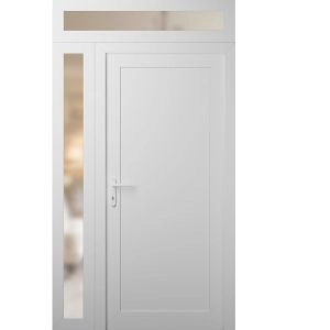 Front Exterior Prehung Metal-Plastic Door | Manux 8111 White Silk | Side and Top Sidelite Transom | Office Commercial and Residential Doors Entrance Patio Garage 48" x 94" (W36+12" x H80+14") Right hand Inswing