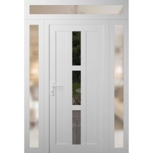 Front Exterior Prehung Metal-Plastic Door | Manux 8112 White Silk | 2 Side and Top Sidelite Transom | Office Commercial and Residential Doors Entrance Patio Garage 60" x 94" (W12+36+12" x H80+14") Right hand Inswing