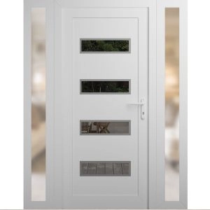 Front Exterior Prehung Metal-Plastic Door | Manux 8113 White Silk | 2 Side Sidelite Transoms | Office Commercial and Residential Doors Entrance Patio Garage 56" x 80" (W12+32+12" x H80") Left hand Inswing