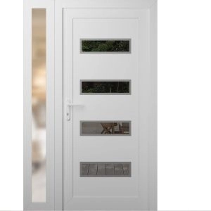 Front Exterior Prehung Metal-Plastic Door | Manux 8113 White Silk | Side Sidelite Transom | Office Commercial and Residential Doors Entrance Patio Garage 44" x 80" (W32+12" x H80") Right hand Inswing