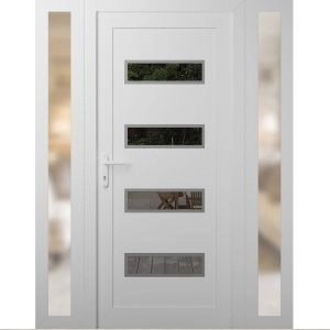 Front Exterior Prehung Metal-Plastic Door | Manux 8113 White Silk | 2 Side Sidelite Transoms | Office Commercial and Residential Doors Entrance Patio Garage 56" x 80" (W12+32+12" x H80") Right hand Inswing
