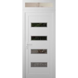 Front Exterior Prehung Metal-Plastic Door | Manux 8113 White Silk | Top Sidelite Transom | Office Commercial and Residential Doors Entrance Patio Garage 32" x 94" (W32" x H80+14") Right hand Inswing