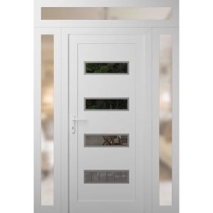 Front Exterior Prehung Metal-Plastic Door | Manux 8113 White Silk | 2 Side and Top Sidelite Transom | Office Commercial and Residential Doors Entrance Patio Garage 56" x 94" (W12+32+12" x H80+14") Right hand Inswing