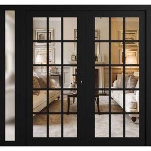 Front Exterior Prehung Metal-Plastic Double Doors Clear Glass / MANUX 8151 Matte Black / Office Commercial and Residential Doors Entrance Patio Garage 88" x 80" Left-Hand Inswing