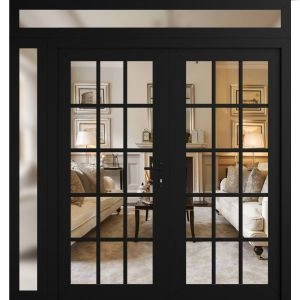 Front Exterior Prehung Metal-Plastic Double Doors Clear Glass / MANUX 8151 Matte Black / Office Commercial and Residential Doors Entrance Patio Garage 88" x 92" Left-Hand Inswing
