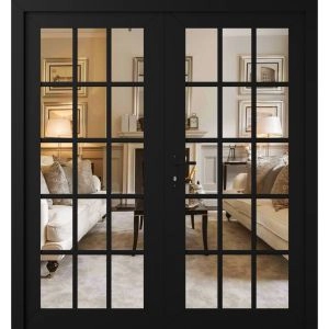 Front Exterior Prehung Metal-Plastic Double Doors Clear Glass / MANUX 8151 Matte Black / Office Commercial and Residential Doors Entrance Patio Garage 72" x 80" Right-Hand Inswing