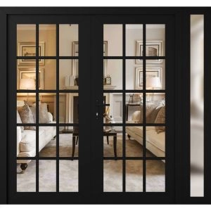 Front Exterior Prehung Metal-Plastic Double Doors Clear Glass / MANUX 8151 Matte Black / Office Commercial and Residential Doors Entrance Patio Garage 84" x 80" Right-Hand Inswing