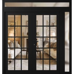 Front Exterior Prehung Metal-Plastic Double Doors Clear Glass / MANUX 8151 Matte Black / Office Commercial and Residential Doors Entrance Patio Garage 84" x 92" Right-Hand Inswing