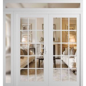 Front Exterior Prehung Metal-Plastic Double Doors Clear Glass / MANUX 8151 White Silk / Office Commercial and Residential Doors Entrance Patio Garage 86" x 94" Left-Hand Inswing