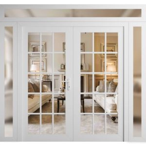 Front Exterior Prehung Metal-Plastic Double Doors Clear Glass / MANUX 8151 White Silk / Office Commercial and Residential Doors Entrance Patio Garage 104" x 104" Left-Hand Inswing