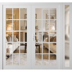 Front Exterior Prehung Metal-Plastic Double Doors Clear Glass / MANUX 8151 White Silk / Office Commercial and Residential Doors Entrance Patio Garage 84" x 80" Right-Hand Inswing