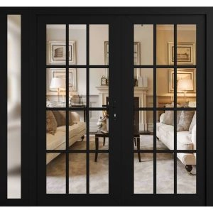 Front Exterior Prehung Metal-Plastic Double Doors Clear Glass / MANUX 8355 Matte Black / Office Commercial and Residential Doors Entrance Patio Garage 84" x 80" Left-Hand Inswing