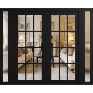 Front Exterior Prehung Metal-Plastic Double Doors Clear Glass / MANUX 8355 Matte Black / Office Commercial and Residential Doors Entrance Patio Garage 96" x 80" Left-Hand Inswing