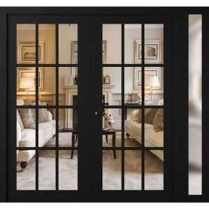 Front Exterior Prehung Metal-Plastic Double Doors Clear Glass / MANUX 8355 Matte Black / Office Commercial and Residential Doors Entrance Patio Garage 84" x 80" Right-Hand Inswing