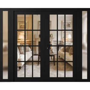 Front Exterior Prehung Metal-Plastic Double Doors Clear Glass / MANUX 8355 Matte Black / Office Commercial and Residential Doors Entrance Patio Garage 96" x 80" Right-Hand Inswing