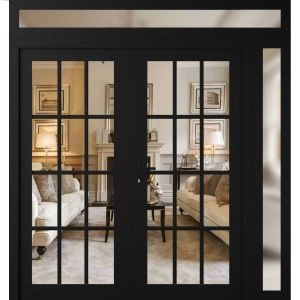 Front Exterior Prehung Metal-Plastic Double Doors Clear Glass / MANUX 8355 Matte Black / Office Commercial and Residential Doors Entrance Patio Garage 84" x 92" Right-Hand Inswing