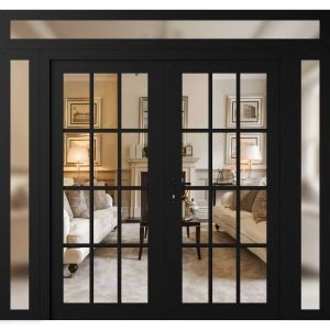 Front Exterior Prehung Metal-Plastic Double Doors Clear Glass / MANUX 8355 Matte Black / Office Commercial and Residential Doors Entrance Patio Garage 100" x 94" Right-Hand Inswing