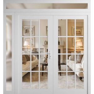 Front Exterior Prehung Metal-Plastic Double Doors Clear Glass / MANUX 8355 White Silk / Office Commercial and Residential Doors Entrance Patio Garage 84" x 92" Left-Hand Inswing