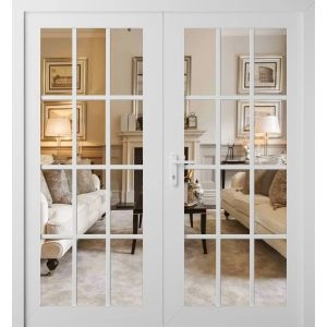 Front Exterior Prehung Metal-Plastic Double Doors Clear Glass / MANUX 8355 White Silk / Office Commercial and Residential Doors Entrance Patio Garage 72" x 80" Right-Hand Inswing