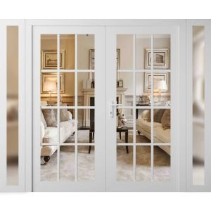 Front Exterior Prehung Metal-Plastic Double Doors Clear Glass / MANUX 8355 White Silk / Office Commercial and Residential Doors Entrance Patio Garage 96" x 80" Right-Hand Inswing
