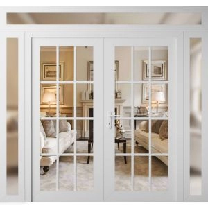 Front Exterior Prehung Metal-Plastic Double Doors Clear Glass / MANUX 8355 White Silk / Office Commercial and Residential Doors Entrance Patio Garage 100" x 94" Right-Hand Inswing