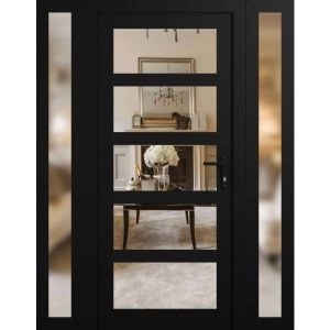 Front Exterior Prehung FiberGlass Door Clear Glass See-through / Manux 8522 Matte Black Clear Glass / 2 Sidelight Exterior Windows / Office Commercial and Residential Doors Entrance Patio Garage-W14+30+14" x H80"-Left-hand Inswing