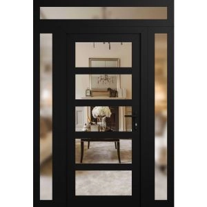 Front Exterior Prehung FiberGlass Door Clear Glass See-through / Manux 8522 Matte Black Clear Glass / 2 Sidelight and Transom Window / Office Commercial and Residential Doors Entrance Patio Garage-W12+30+12" x H80+14"-Left-hand Inswing