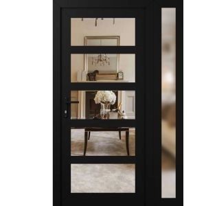 Front Exterior Prehung FiberGlass Door Clear Glass See-through / Manux 8522 Matte Black Clear Glass / Sidelight Exterior Window /  Office Commercial and Residential Doors Entrance Patio Garage-W30+12" x H80"-Right-hand Inswing