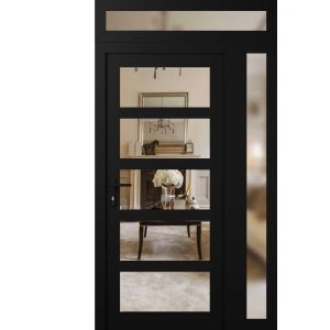 Front Exterior Prehung FiberGlass Door Clear Glass See-through / Manux 8522 Matte Black Clear Glass / Sidelight and Transom Window / Office Commercial and Residential Doors Entrance Patio Garage-W36+14" x H80+14"-Right-hand Inswing