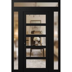 Front Exterior Prehung FiberGlass Door Clear Glass See-through / Manux 8522 Matte Black Clear Glass / 2 Sidelight and Transom Window / Office Commercial and Residential Doors Entrance Patio Garage-W12+36+12" x H80+14"-Right-hand Inswing