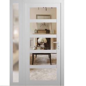 Front Exterior Prehung FiberGlass Door Clear Glass See-through / Manux 8522 White Silk Clear Glass / Sidelight Exterior Window / Office Commercial and Residential Doors Entrance Patio Garage-W36+14" x H80"-Left-hand Inswing