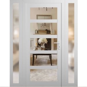 Front Exterior Prehung FiberGlass Door Clear Glass See-through / Manux 8522 White Silk Clear Glass / 2 Sidelight Exterior Windows / Office Commercial and Residential Doors Entrance Patio Garage-W12+36+12" x H80"-Left-hand Inswing