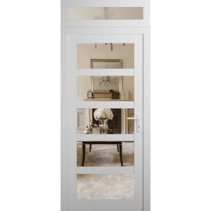 Front Exterior Prehung FiberGlass Door Clear Glass See-through / Manux 8522 White Silk Clear Glass / Transom Window / Office Commercial and Residential Doors Entrance Patio Garage-W36" x H80+14"-Left-hand Inswing