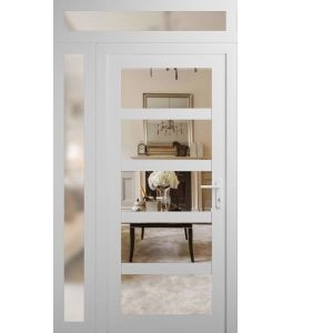 Front Exterior Prehung FiberGlass Door Clear Glass See-through / Manux 8522 White Silk Clear Glass / Sidelight and Transom Window / Office Commercial and Residential Doors Entrance Patio Garage-W30+16" x H80+14"-Left-hand Inswing