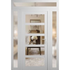 Front Exterior Prehung FiberGlass Door Clear Glass See-through / Manux 8522 White Silk Clear Glass / 2 Sidelight and Transom Window / Office Commercial and Residential Doors Entrance Patio Garage-W12+30+12" x H80+14"-Left-hand Inswing