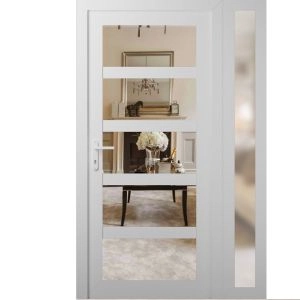 Front Exterior Prehung FiberGlass Door Clear Glass See-through / Manux 8522 White Silk Clear Glass / Sidelight Exterior Window / Office Commercial and Residential Doors Entrance Patio Garage-W36+14" x H80"-Right-hand Inswing