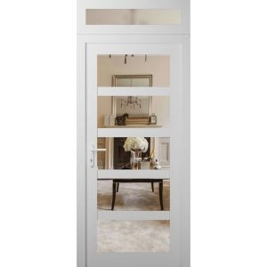 Front Exterior Prehung FiberGlass Door Clear Glass See-through / Manux 8522 White Silk Clear Glass / Transom Window / Office Commercial and Residential Doors Entrance Patio Garage-W30" x H80+14"-Right-hand Inswing